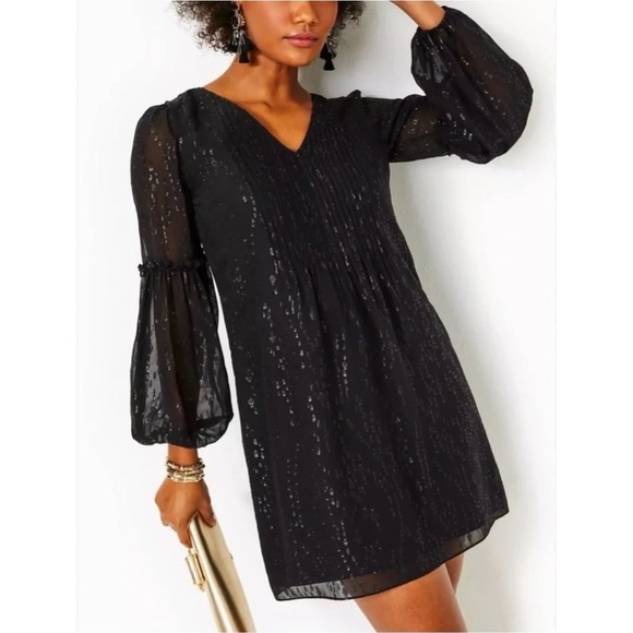 Lilly Pulitzer Dresses & Skirts - Lilly Pulitzer Cleme Silk Dress in Onyx Fish Clip Chiffon Metallic Black sz 8